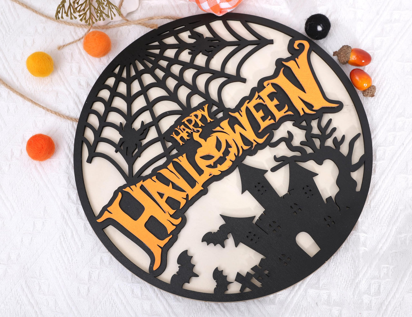 Happy Halloween Wooden Hanging Sign - Halloween Party Decorations, Halloween Ghost Door Sign, Halloween Garland, Wooden Wreath Indoor Wall Hanging Decorations (Happy Halloween Wreath)