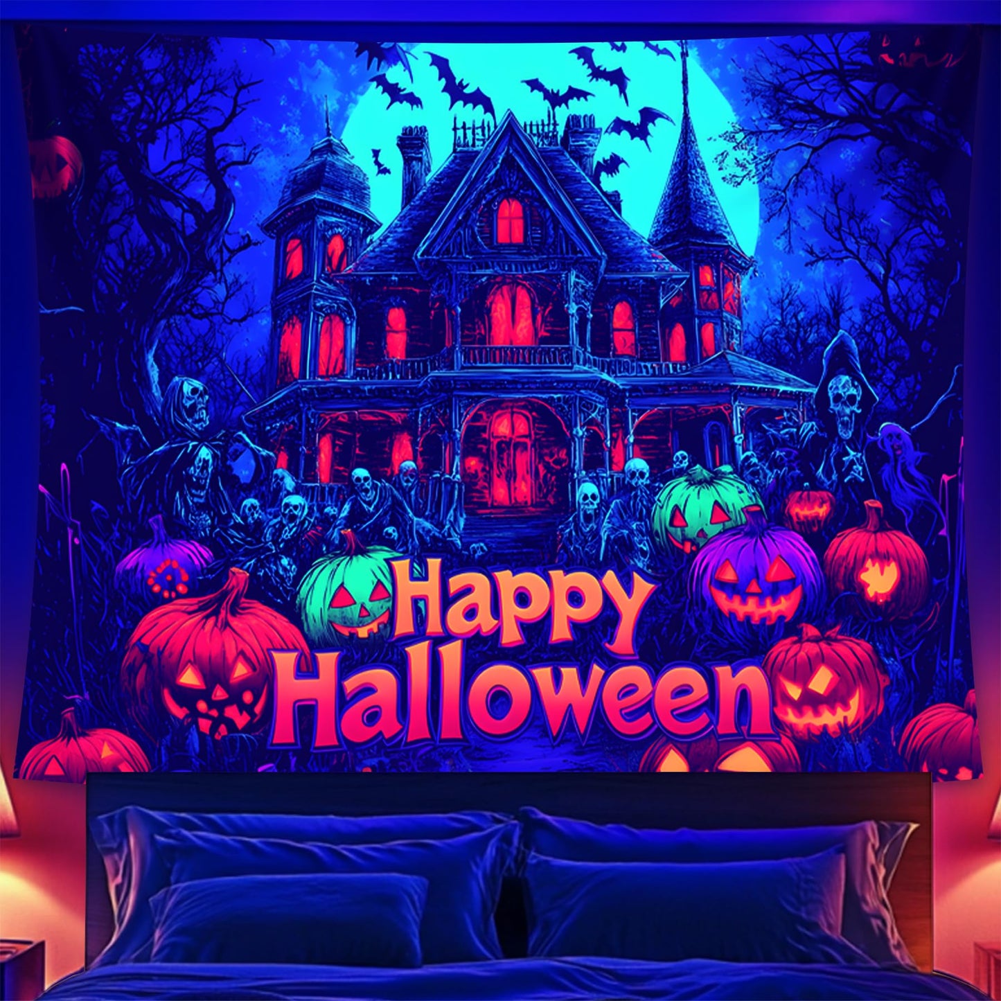 BVBOX Halloween Tapestry, Blacklight Tapestry for Halloween Party Decor Hanging Tapestries Backdrop Wall Art Poster for Bedroom Dorm 90x70in