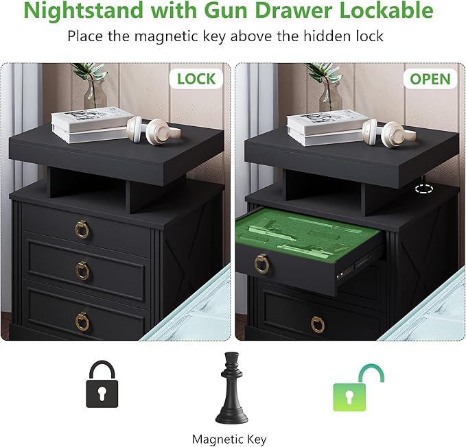 HNEBC Nightstand with Gun Drawers, LED Farmhouse Night Stand with Charging