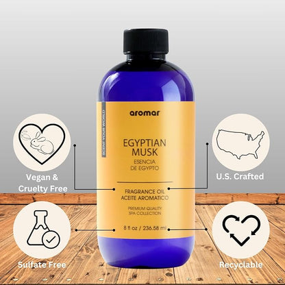 AROMAR Premium Fragrance Oil, Long-Lasting, Refreshing Uplifting Aroma for Aromatherapy, Relaxation & Household Uses. Egyptian Musk - 8oz