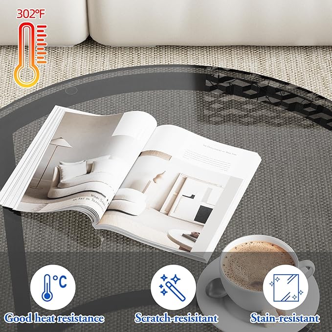 aboxoo Nesting Coffee Table Grey Glass Table Set of 2, Small Round Glass