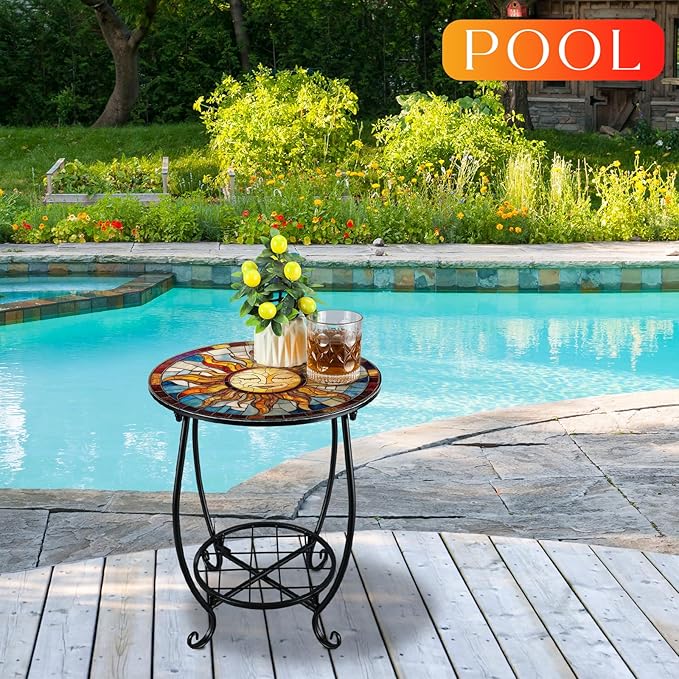 Cinnvoice Outdoor Side Table Round Small Mosaic Patio Accent Indoor End Plant