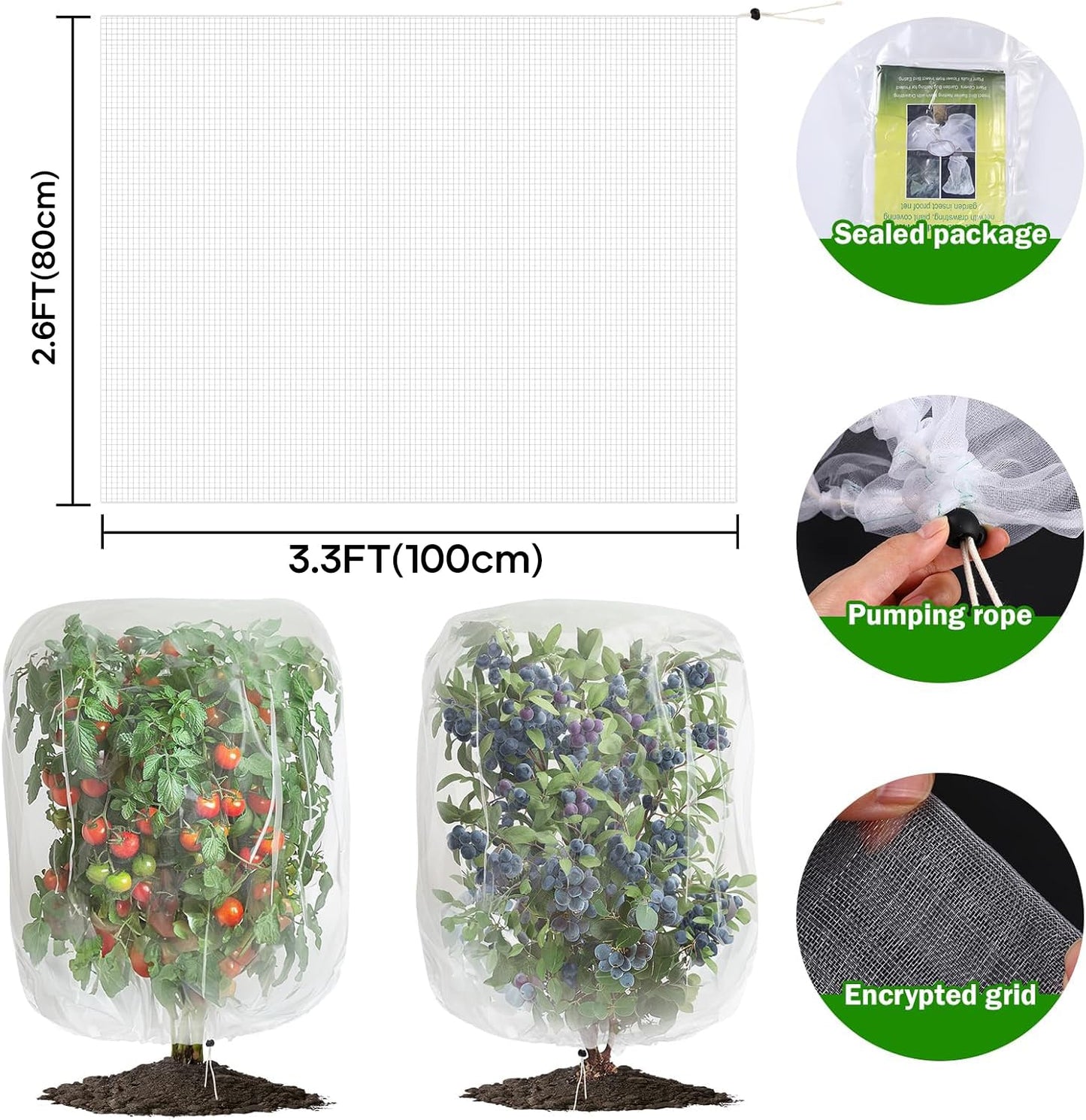 2 PCS Large Fruits Tree Netting Cover for Garden 2.6 x 3.3 ft Garden Insect Bird Barrier Plant Netting for Tomato Blueberry Bush Netting Covers Deer Cicada Netting Cover Bag with Drawstring