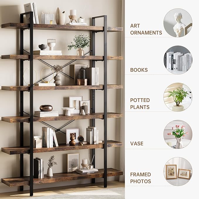 OtterOasis Bookshelf Set of 2, Heavy Duty 6-Tier Industrial Bookcase, 120lbs