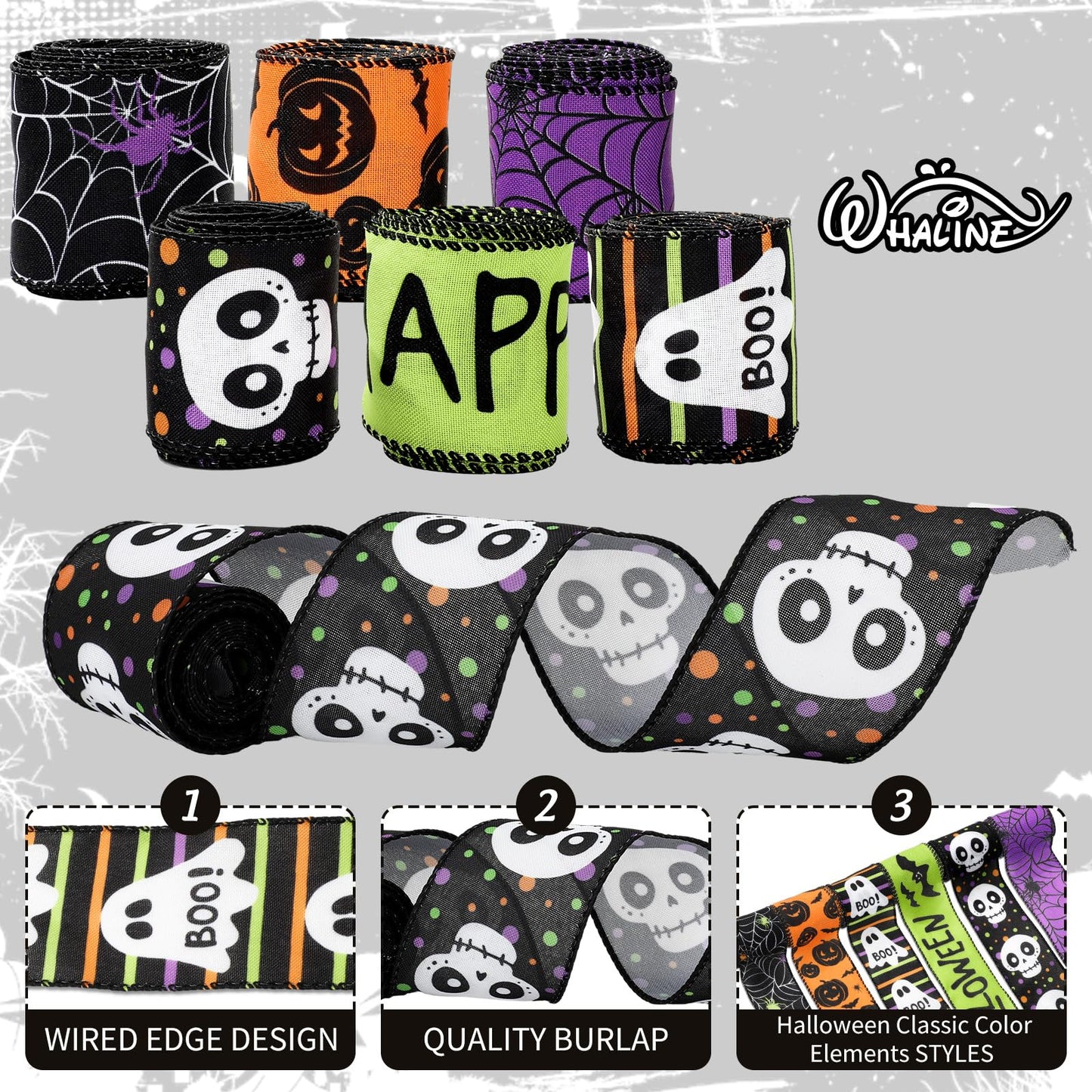 Whaline 6 Roll Happy Halloween Wired Edge Ribbon Ghost Boo Pumpkin Skull Spider Ribbon Colored Fabric Ribbons for Wreath Bow Making DIY Crafts Wrapping, 30 Yard
