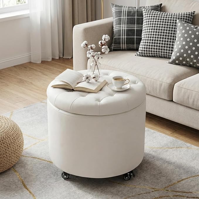 Furniliving Upholstered Button Tufted Round Ottoman