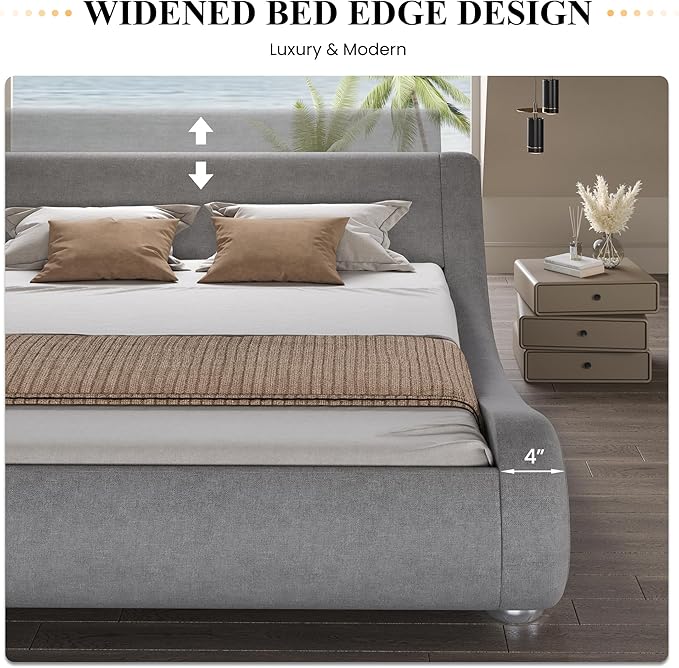 SHA CERLIN Queen Size Upholstered Bed Frame, Deluxe Low Profile Sleigh Bed