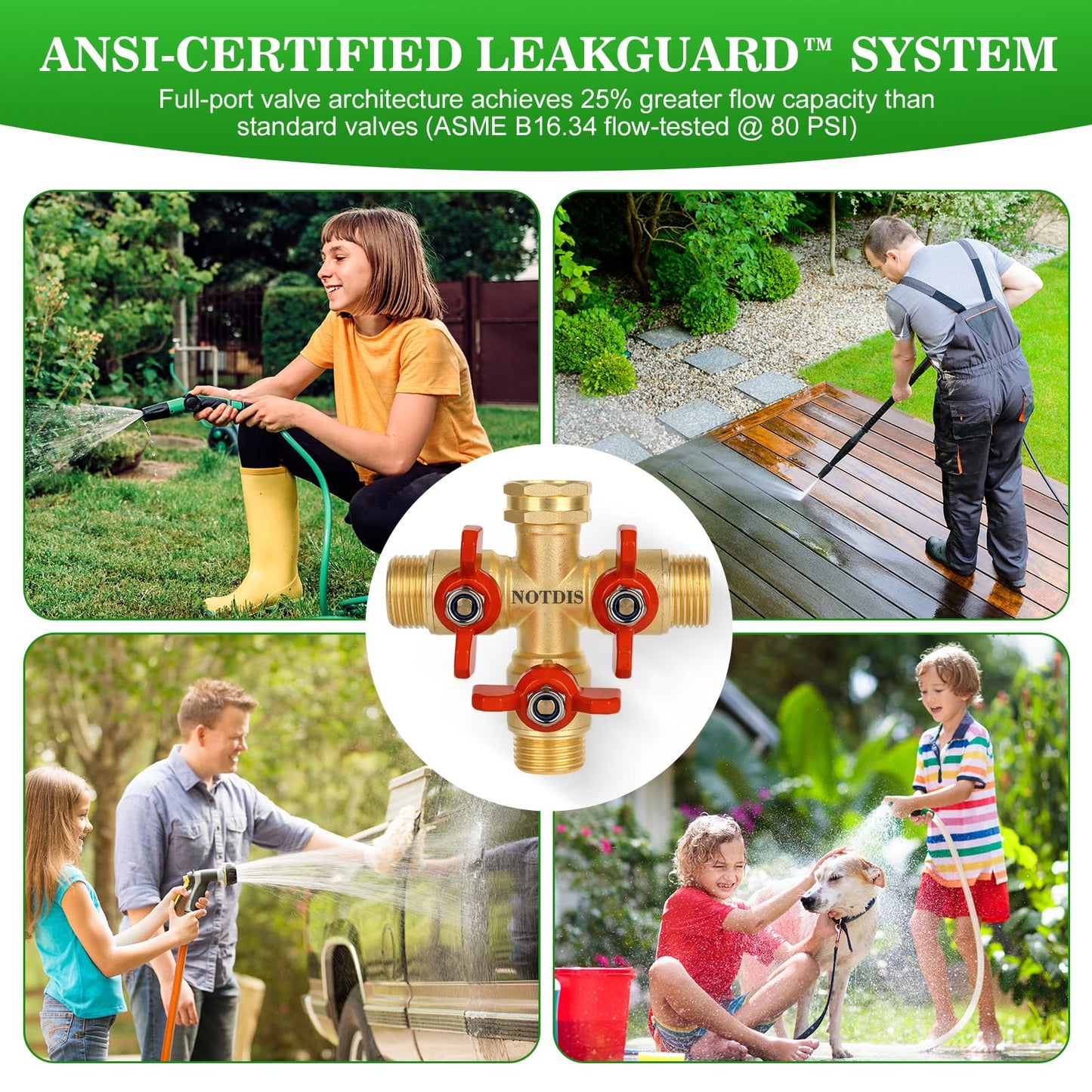 3 Way Hose Splitter, Solid Brass High Volume 3 Way Hose Splitter Valve with Metal Handle, Heavy Duty High Flow Spigot Splitter with Shut off Valve, 3/4 Inch Garden Tap Splitter