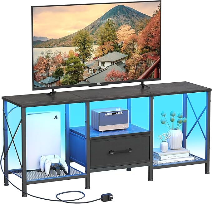 JARHETUN LED TV Stand with Fabric Drawer, Entertainment Center
