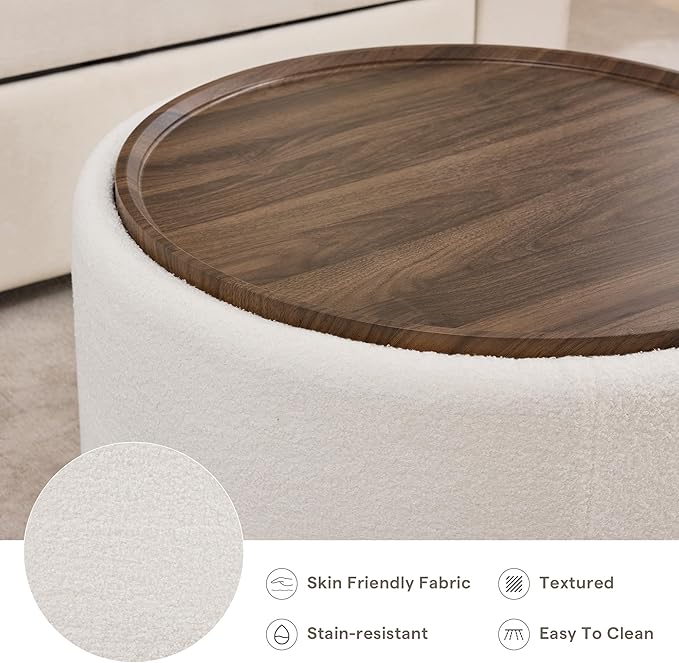 29.5 Inch Round Storage Ottoman Coffee Table, Modern Circle Coffee Table