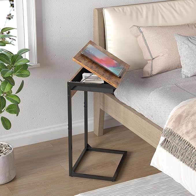 sthmec C Shaped End Table with Charging Station, 45° Tiltable Adjustable Flip