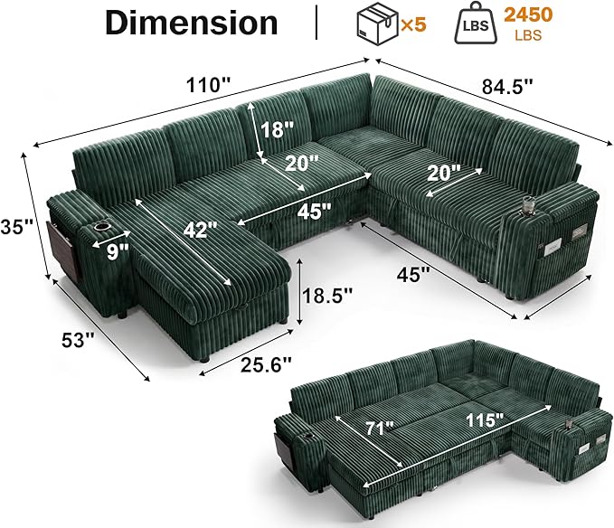 Vipbear 111" Modular Sectional Sleeper Sofa
