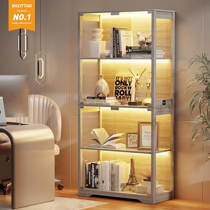 BROTTAR Display Cabinet with Glass Doors, 4-Tier Curio Cabinet with 3 Color