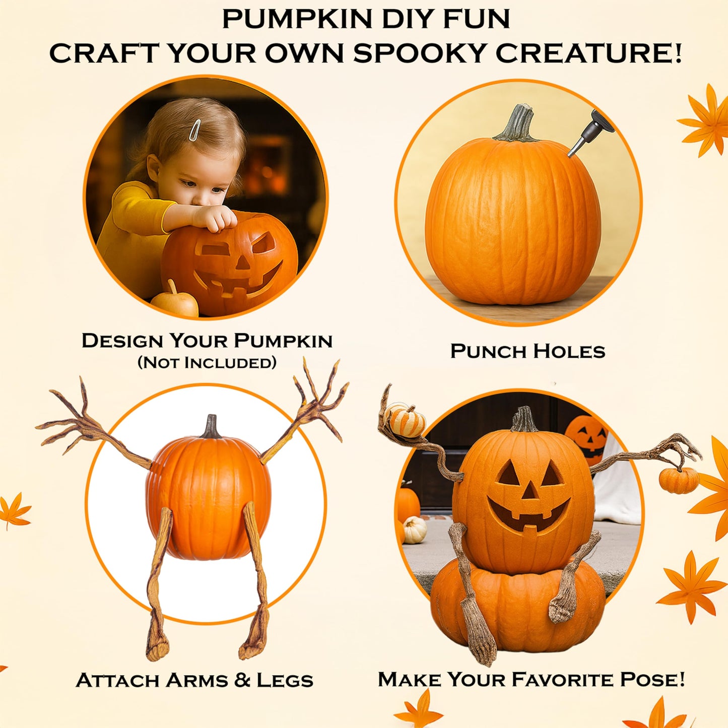 Plow & Hearth Set of 4 Bendable Pumpkin Arms and Legs | Twisting Vines for Halloween Pumpkin Carving DIY Crafts for Kids | Includes 2 arms and 2 Legs | Outdoor & Indoor Halloween Decorations