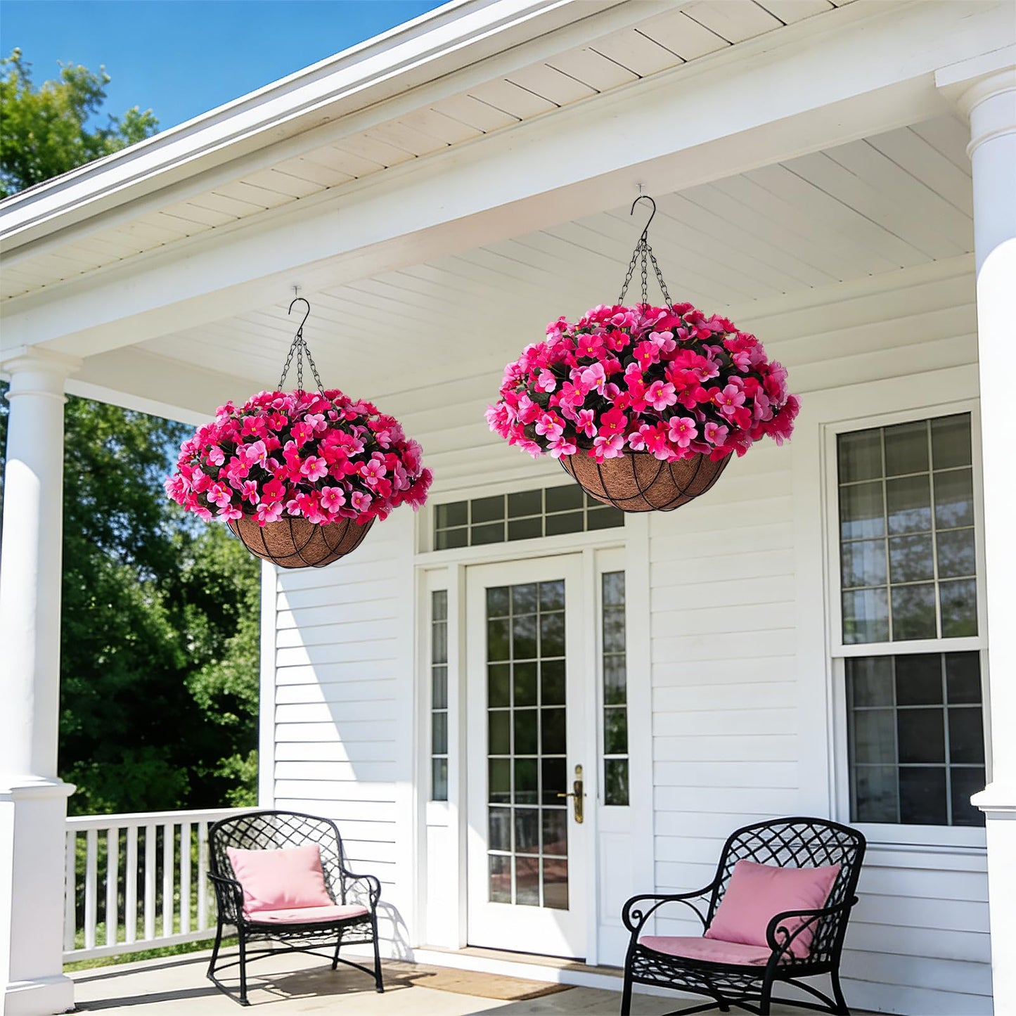 INXUGAO Artificial Hanging Flowers with Basket for Outdoor, Fake Hydrangea UV Resistant Arrangements in Pot Indoor Porch Garden Yard Spring Summer Decor(Double Rose)