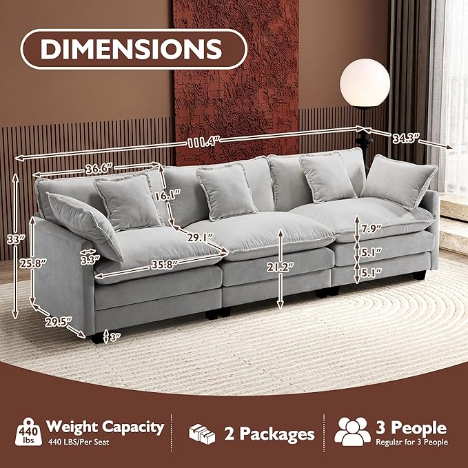 Ihanherry 111.4 Inch 3-Seater Cloud Sofa, Modular Sectional Couch, Modern Deep