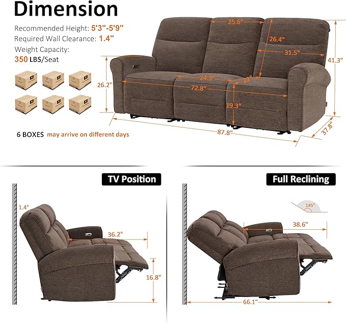 MCombo 87.8" Wall Hugger Power Reclining Sofa, 3-Seat Triple Recliner Couch