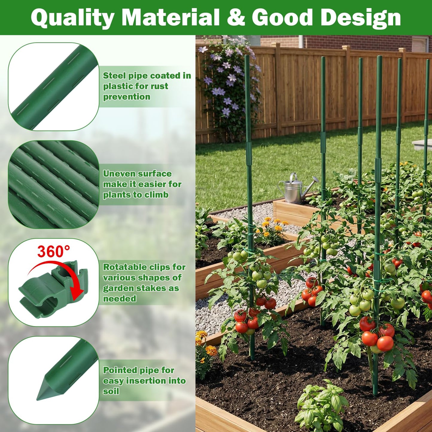 Tegarbed Garden Stakes 20 Pack, 16 Inch Plastic Coated Metal Plant Support Stakes, Sturdy Tomato Stakes with 14 Connectors 14 Rotatable Clips 14 Plant Clips for Indoor Outdoor Vegetables