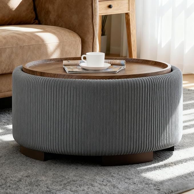 29.5 Inch Round Storage Ottoman Coffee Table, Modern Circle Coffee Table