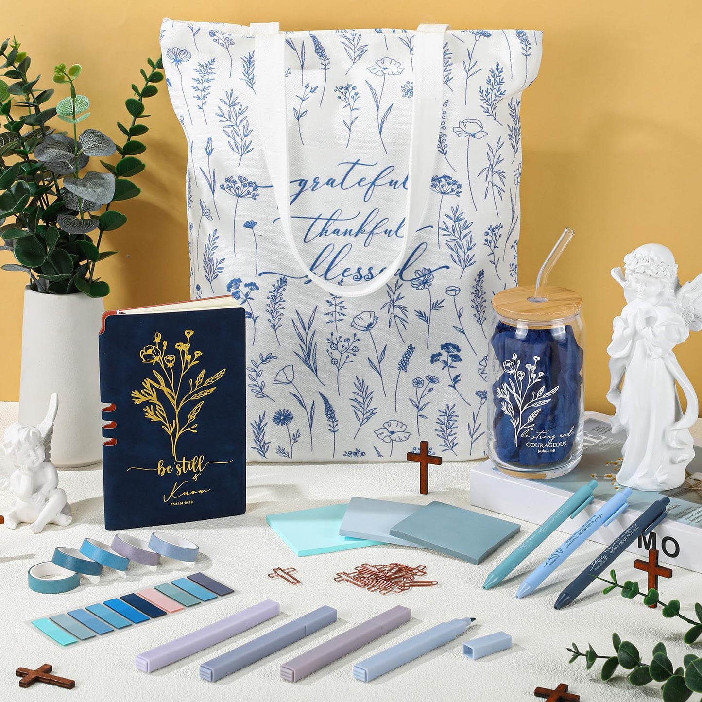 Singhoow 29 Pcs Bible Journaling Supplies Kit 16 oz Glass Cup Canvas Bag Leather Notebook Highlighters Pens Sticky Note Tapes Bible Study Supplies for Women Father Sunday School Teacher(Boho, Blue)