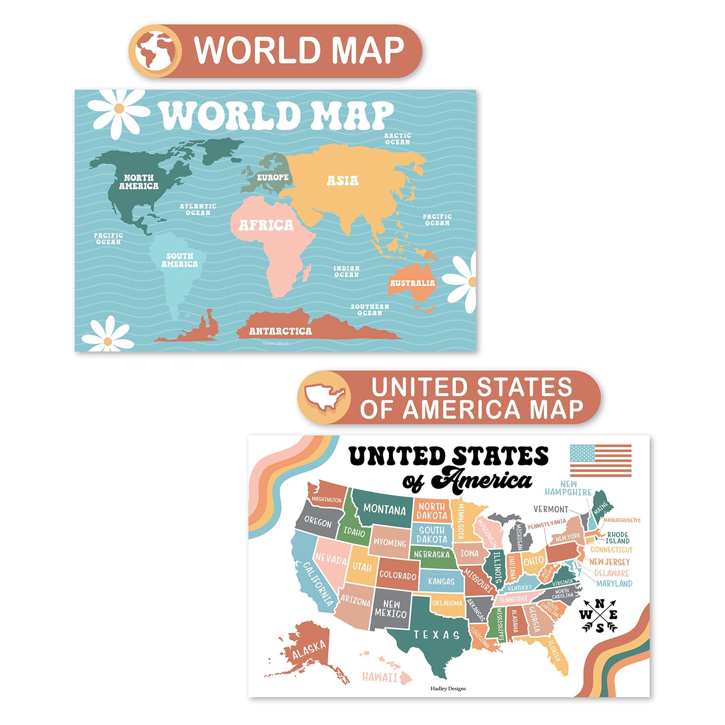 Hadley Designs 4 Alphabet, Map of United States, World Map, & Solar System Posters - Laminated ABC Charts for Toddlers Wall Decor, Retro Posters for Kindergarten, Prek Classroom or Homeschool 11x17