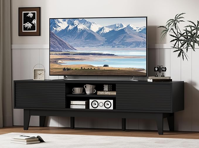 Fluted TV Stand for 55 65 Inch TV, Mid Century Modern Entertainment Center