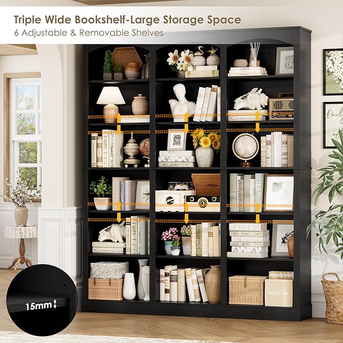 FACBOTALL 71" Triple Wide Bookshelf, 6 Tier Tall Bookshelf, Large Book Shelf