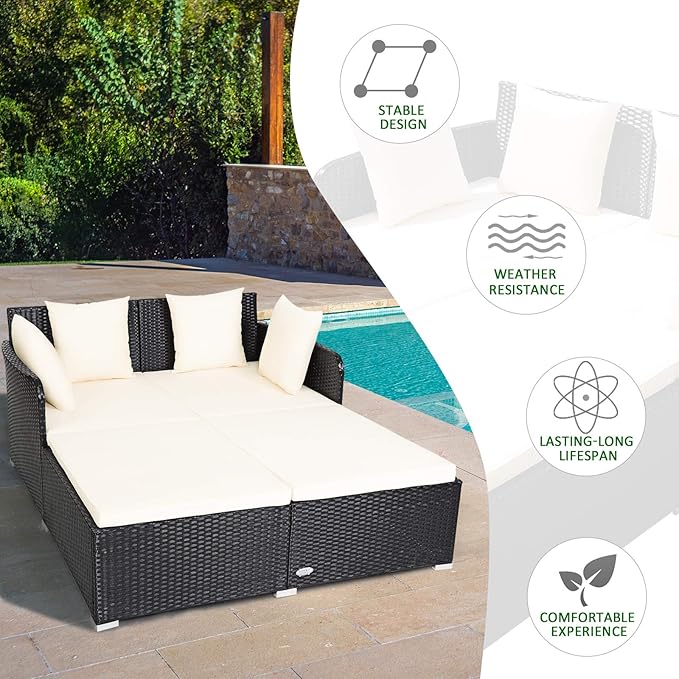 COSTWAY Outdoor Patio Rattan Daybed, Sponge Cushioned Loveseat Sofa