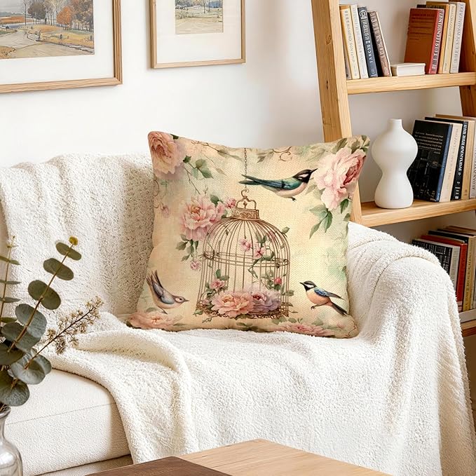 OBSEDE Vintage Throw Pillow Covers Set of 2, 18x18 Inch Pink Rose and Bird Print
