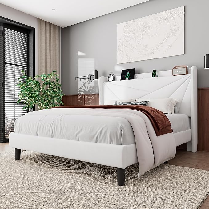 Feonase Full Bed Frame with Charging Station, Velvet Upholstered Platform
