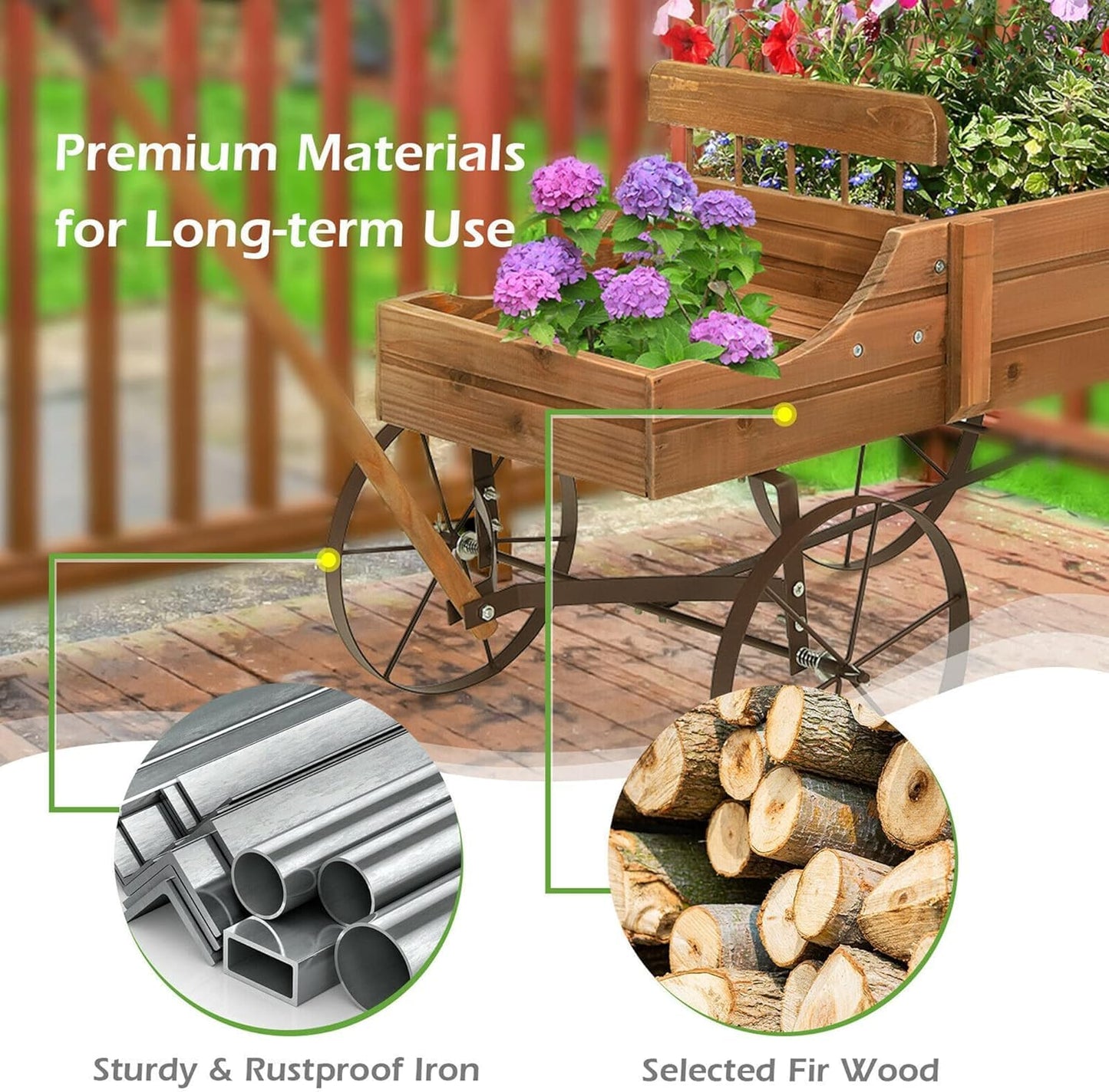 DORTALA Wood Wagon Planter, Outdoor Garden Flower Planter Cart with Wheels, Small Decorative Wood Raised Bed Plant Pot Box Stand for Backyard, Patio, Balcony, Natural