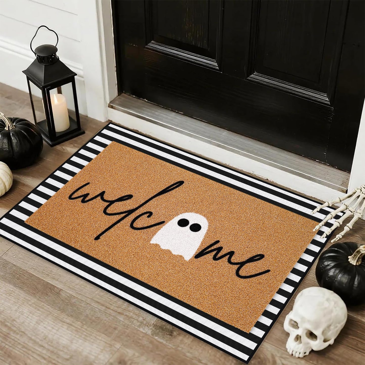 JarThenaAMCS 2Pcs Halloween Door Mat Combo Set 16.5" x 29" Cute Ghost Imitation Coir Welcome Doormat with 23.6" x 35.4" Black White Stripe Rug for Indoor Outdoor Home Bathroom Decor