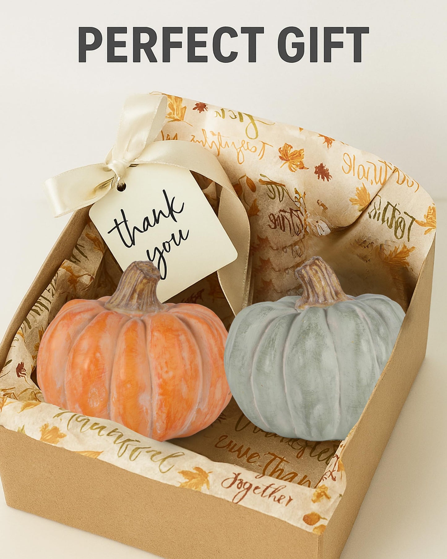 GoGnome Set of 3 Decorative Pumpkins – Resin Fall Harvest Décor in White, Sage Green & Orange, Rustic Autumn Table Centerpiece for Thanksgiving Farmhouse Home Decoration (White)