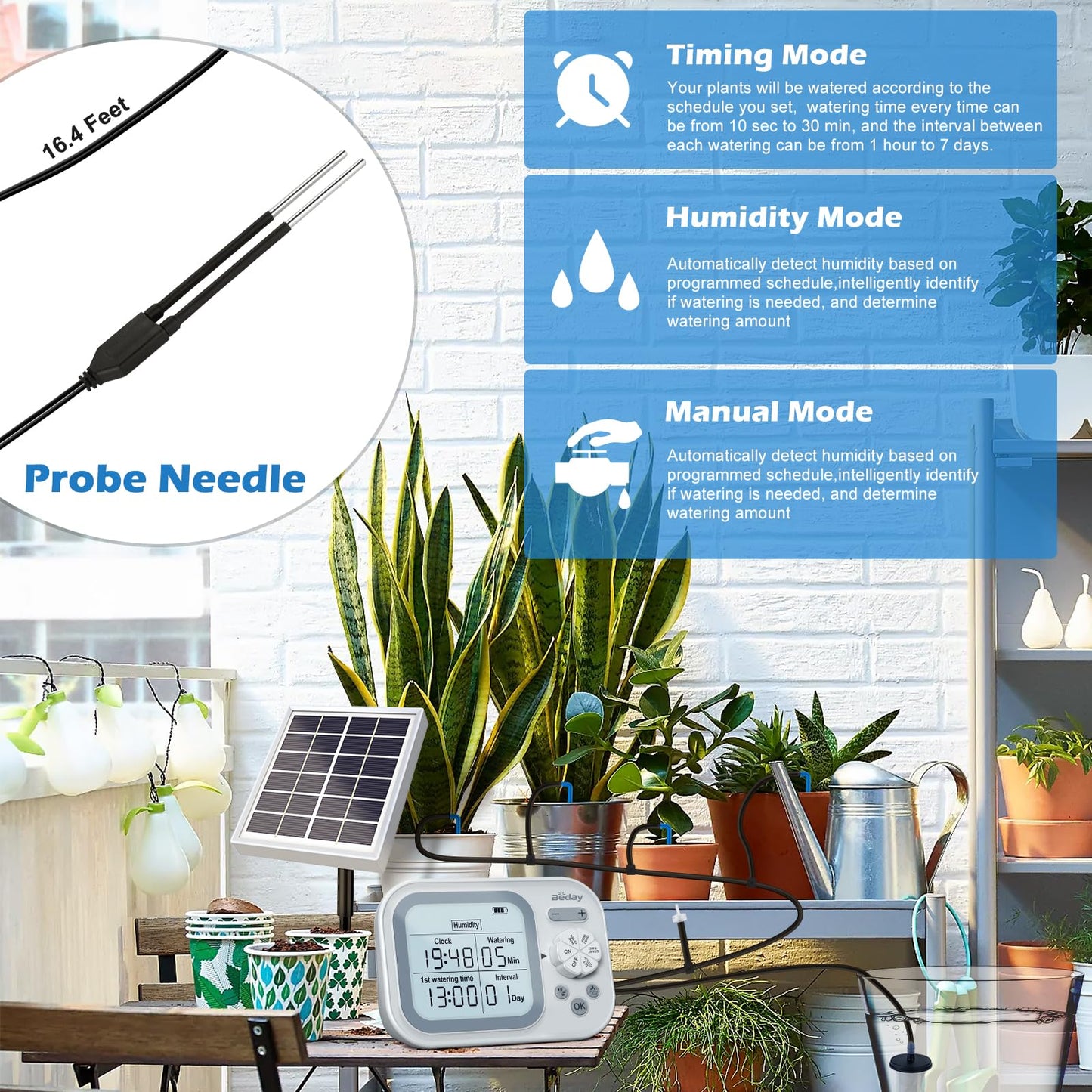 Solar Drip Irrigation System Outdoor, IP67 Waterproof Automatic Plant Watering System with Solar Panel & Timer, DIY Garden Irrigation Kit for 15 Potted Plants, Vegetable Garden & Raised Bed
