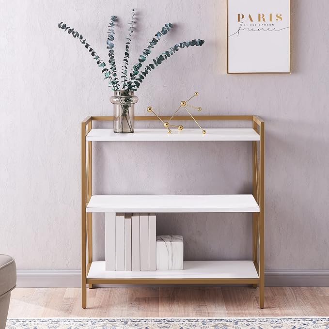 Leick Home Claudette Bookshelf, Satin Gold, 3 Shelves, Easy Assembly, 12 in D x