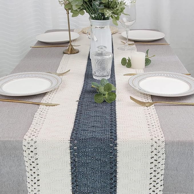 FEXIA Boho Blue Table Runner 108 Inches Long with Tassels Macrame Farmhouse Summer Style Graduation Party Rustic Wedding Baby Shower Dining Kitchen Living Room Decor (12x108 Inches)