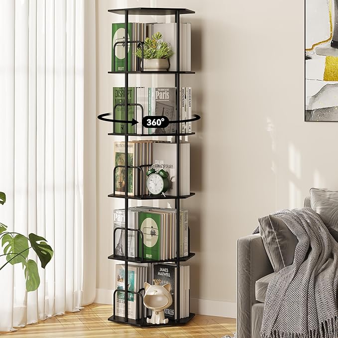 SUNMORY 5 Tier Rotating Bookshelf Tower, Revolving 360 ° Spinning Bookcase