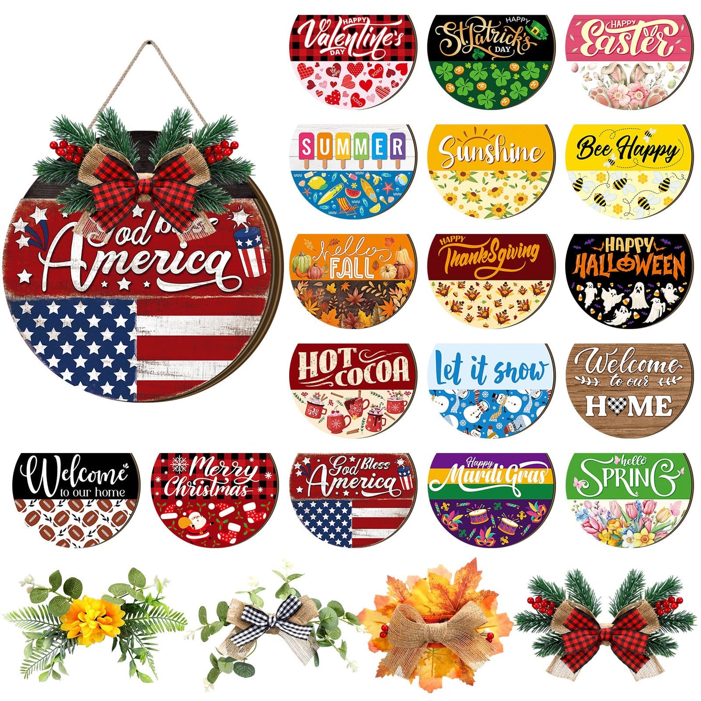 Vicenpal 22 Pcs Interchangeable Welcome Sign for Front Door with 17 Magnetic Icon Wooden Seasonal Front Porch Door Decor with 4 Seasonal Wreath for Holiday Halloween Christmas Gift(Black,Stylish)