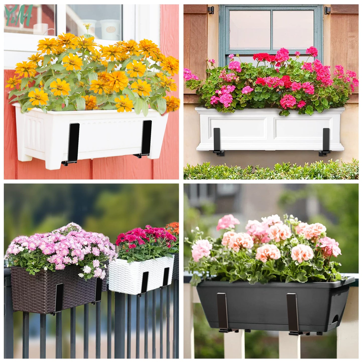 Y&M 6 Pcs Deck Railing Adjustable Planter Box Brackets (6 to 12.5 in), Universal Heavy Duty Iron Flower Box Brackets Wall Mounting Hooks for Fences, Patio, and Garden - Black (Patent Registered)