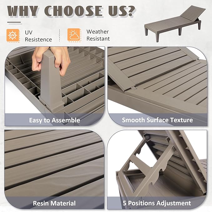 Outdoor Chaise Lounge Chairs Set of 4, 5-Position Adjustable Heavy Duty Tanning