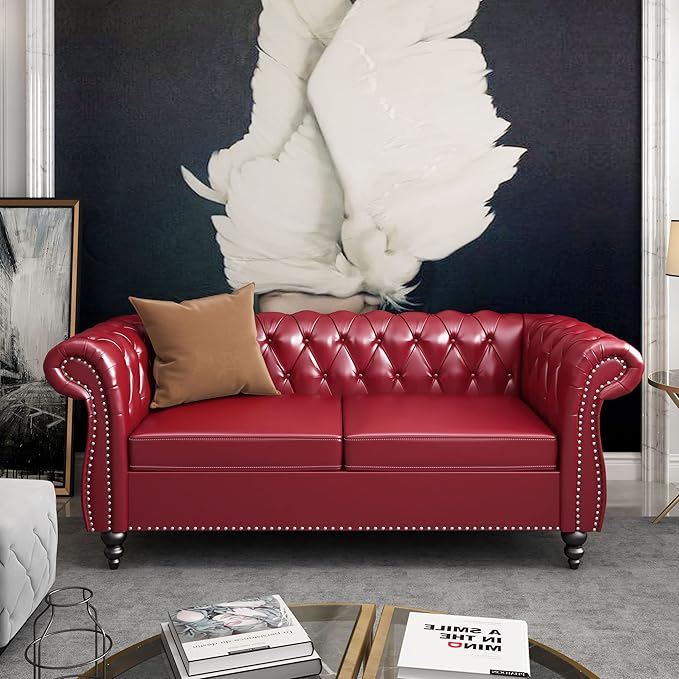 ORRD 3 Pieces Living Room Set, Chesterfield Sofa Faux Leather Loveseat Couch