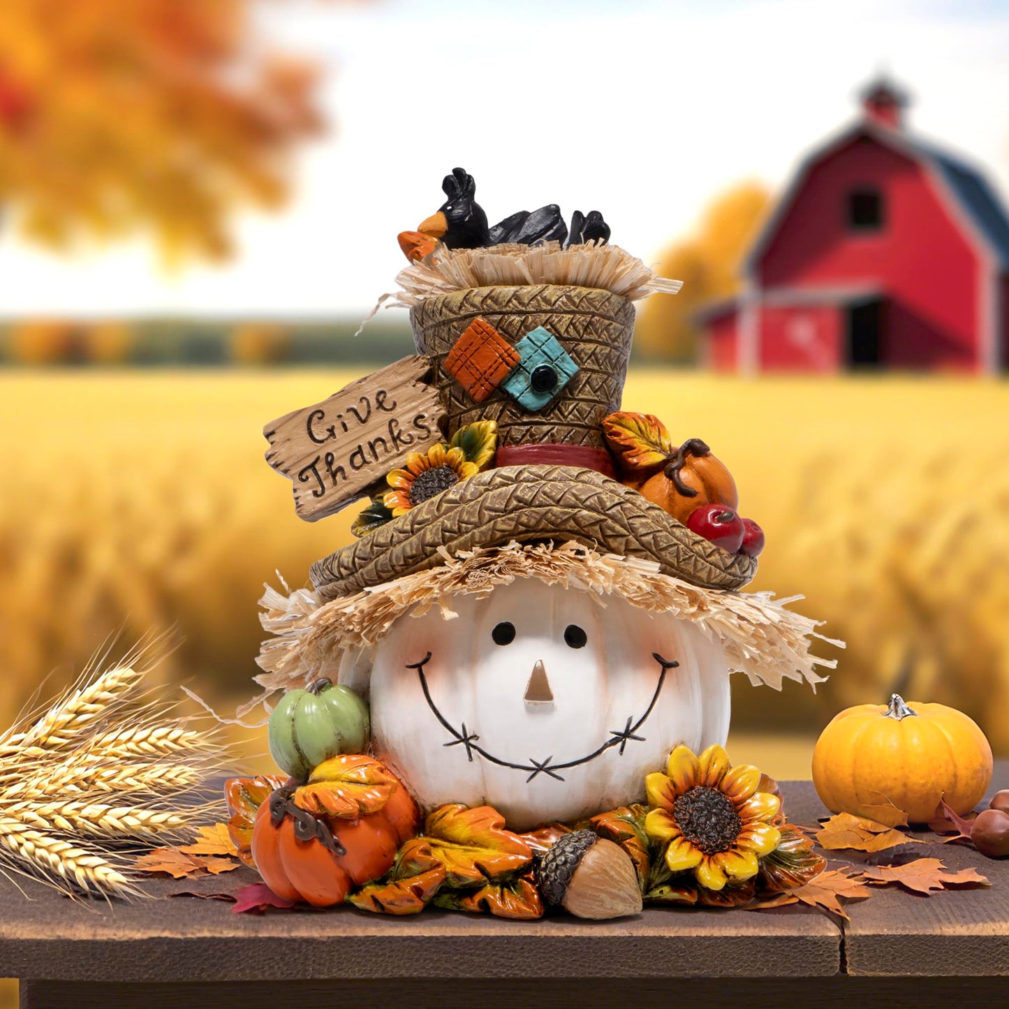 Hodao Thanksgiving Pumpkin Decorations, Resin Fall Autumn Figurine with Straw Hat, Birds, Acorns & Sunflowers, Give Thanks Sign, Festive Gift for Home Tabletop Mantel Thanksgiving Decorations (White)