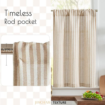 jinchan Striped Linen Kitchen Curtains 30 Inches Length Tier Curtains Farmhouse Modern Cafe Style Small Window Treatments Airy Light Filtering Rod Pocket for Living Room Bathroom 2 Panels Tan