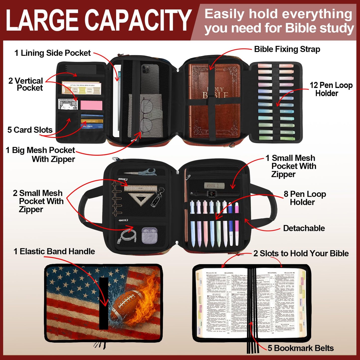 IBOVODI American Flag Football Bible Cover Case for Men Boys, Rugby Large Kids Bible Bag Book Carrying Case with Handle Zipper Pocket, Bible Study Supplies Journaling Kit Highlighters Pens Cross Clips