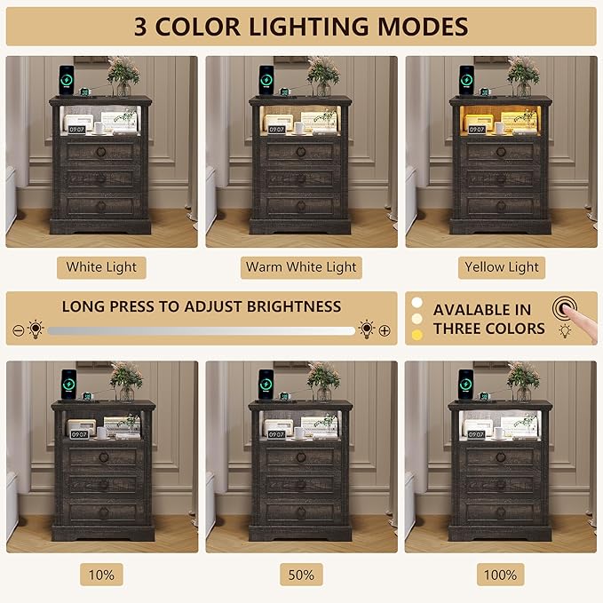 Nightstand with Charging Station, Farmhouse End Side Table with 3 Drawers and
