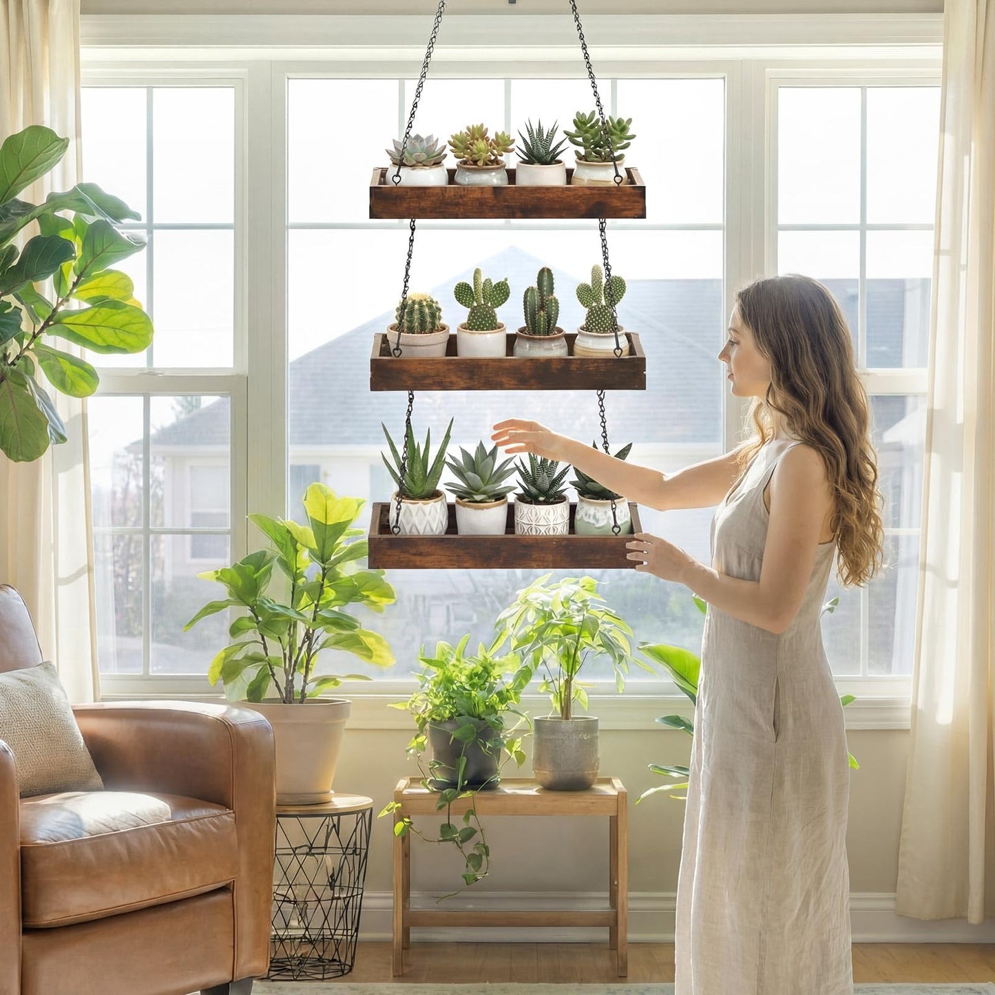 Otoolling 3 Tier 16" Hanging Window Plant Shelf Wood Frame Metal Chain Large Hanging Herb Planter Holder Indoor Display Floating Wall Flower Pot Organizer Storage for Herbs Microgreens Succulents
