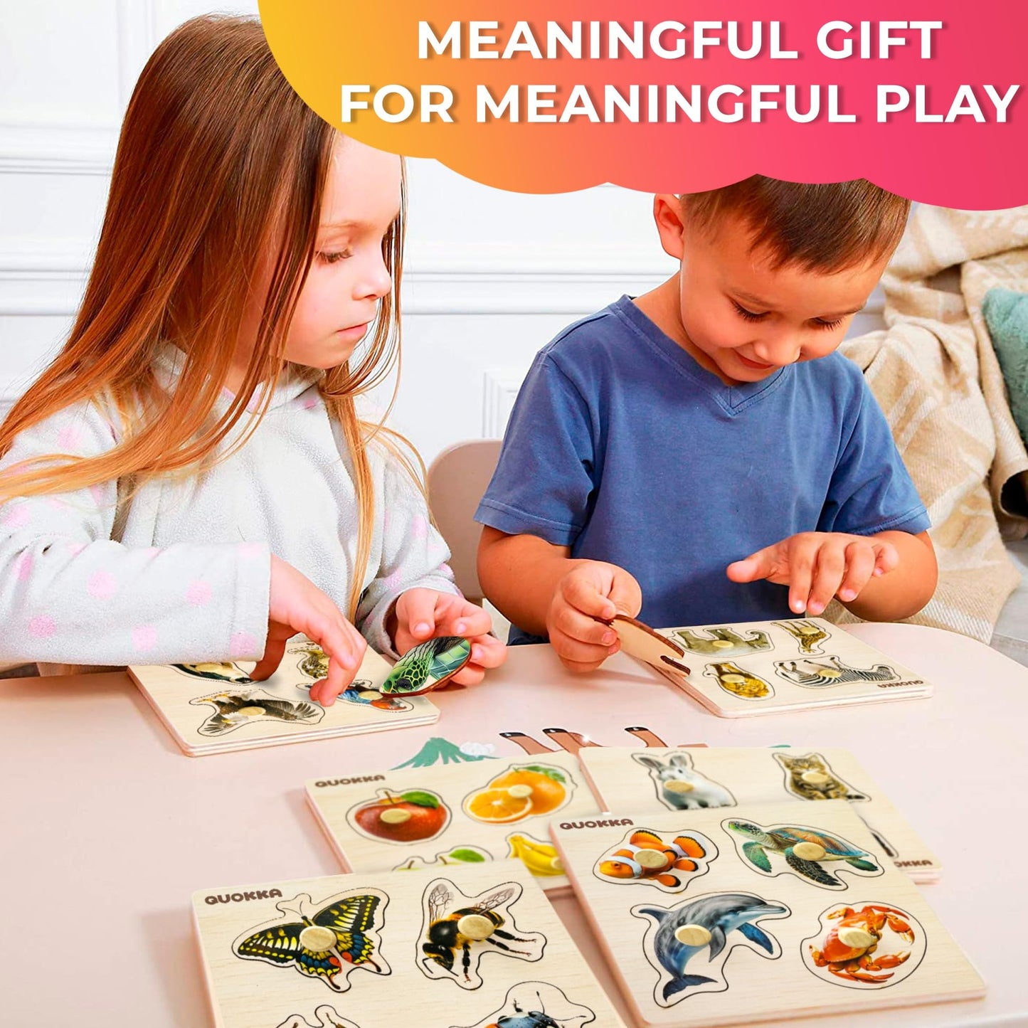 QUOKKA Wooden Puzzles for Toddlers 1-3 – 6 Pegged Puzzles for Kids Ages 2-4 – Animal and Fruits Learning Toy for Kids – Gift Realistic Educational Game for Boy and Girl