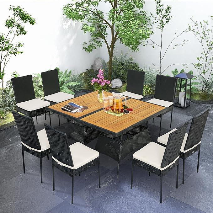 Tangkula 10 Piece Wicker Patio Dining Set, Outdoor Rattan Table & Chairs Set