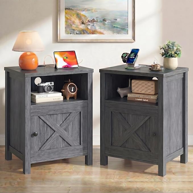 Marsail Farmhouse Nightstand, Wood Bedside Table
