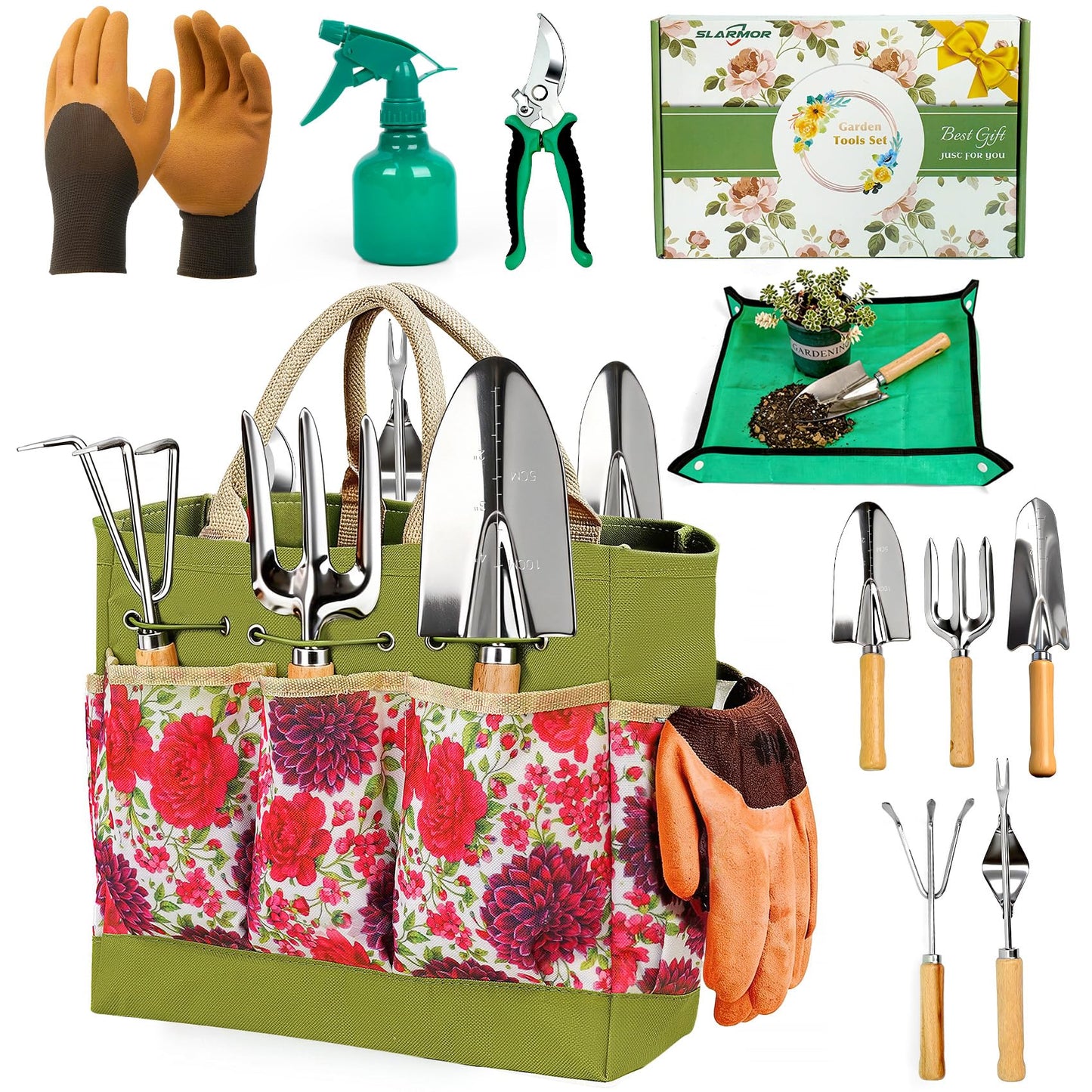 SLARMOR Garden Tool Set, 10 PCS Gardening Essentials, Stainless Steel Garden Hand Tools with Tote Bag, Well-Designed Gardening Supplies Kit Gifts for Women Men Gardeners